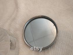 Glass Trinket Box with Mirrored Embroidered Lid Antique Powder Dish with Glass Bottom and Metal Lid Embroidered Top Mirrored Inner Lid