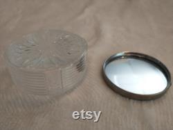 Glass Trinket Box with Mirrored Embroidered Lid Antique Powder Dish with Glass Bottom and Metal Lid Embroidered Top Mirrored Inner Lid