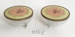 Glass Vanity Set Jars Canister Matching Set of 2 Glass Footed Base with Metal Lid Floral Bakelite Appliqué Cosmetic Storage