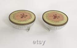 Glass Vanity Set Jars Canister Matching Set of 2 Glass Footed Base with Metal Lid Floral Bakelite Appliqué Cosmetic Storage