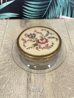 Glass trinket or powder pot with needlepoint lid dressing table decor embroidered flowers