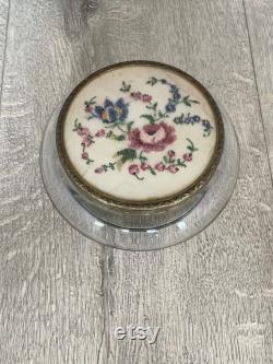 Glass trinket or powder pot with needlepoint lid dressing table decor embroidered flowers