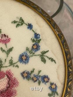 Glass trinket or powder pot with needlepoint lid dressing table decor embroidered flowers