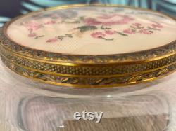 Glass trinket or powder pot with needlepoint lid dressing table decor embroidered flowers