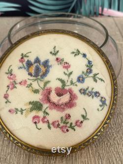 Glass trinket or powder pot with needlepoint lid dressing table decor embroidered flowers