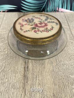 Glass trinket or powder pot with needlepoint lid dressing table decor embroidered flowers