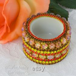Glitzy Fire Opal Vanity Ring Dish Bowl Jar Vintage Trinket Indian Wedding Votive Holder Milk Glass Red Yellow Gold Bejeweled Encrusted Gift