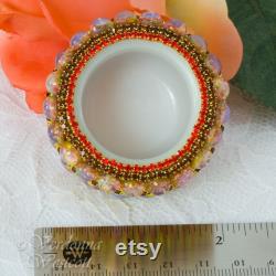 Glitzy Fire Opal Vanity Ring Dish Bowl Jar Vintage Trinket Indian Wedding Votive Holder Milk Glass Red Yellow Gold Bejeweled Encrusted Gift