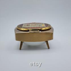 Gold Tone Musical Face Powder Trinket Box Footed Enamel Egyptian Theme VTG MCM