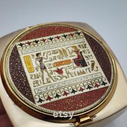 Gold Tone Musical Face Powder Trinket Box Footed Enamel Egyptian Theme VTG MCM