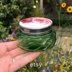 Green Pressed Glass Powder Jar, Shenstone England, Metal Lid Topped with Antique Catherine Klein Postcard, Waxed, Cured, Polished 3 x 1.75