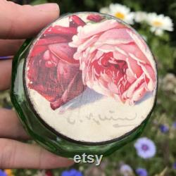 Green Pressed Glass Powder Jar, Shenstone England, Metal Lid Topped with Antique Catherine Klein Postcard, Waxed, Cured, Polished 3 x 1.75