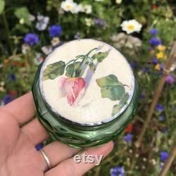 Green Pressed Glass Powder Jar, Shenstone England, Metal Lid Topped with Antique Catherine Klein Postcard, Waxed, Cured, Polished 3 x 1.75