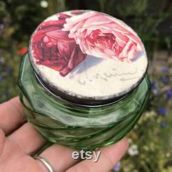 Green Pressed Glass Powder Jar, Shenstone England, Metal Lid Topped with Antique Catherine Klein Postcard, Waxed, Cured, Polished 3 x 1.75