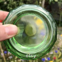 Green Pressed Glass Powder Jar, Shenstone England, Metal Lid Topped with Antique Catherine Klein Postcard, Waxed, Cured, Polished 3 x 1.75
