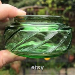 Green Pressed Glass Powder Jar, Shenstone England, Metal Lid Topped with Antique Catherine Klein Postcard, Waxed, Cured, Polished 3 x 1.75