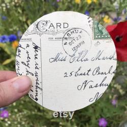 Green Pressed Glass Powder Jar, Shenstone England, Metal Lid Topped with Antique Catherine Klein Postcard, Waxed, Cured, Polished 3 x 1.75