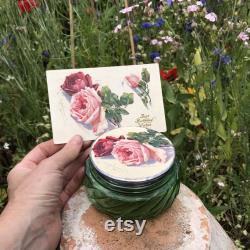 Green Pressed Glass Powder Jar, Shenstone England, Metal Lid Topped with Antique Catherine Klein Postcard, Waxed, Cured, Polished 3 x 1.75