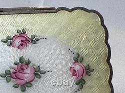 Guilloché Compact Enamel Roses Double Vanity Scalloped Edges Mirrored Powder Box