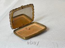 Guilloché Compact Enamel Roses Double Vanity Scalloped Edges Mirrored Powder Box