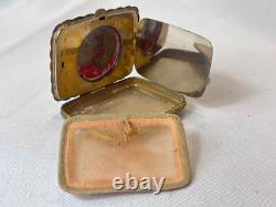 Guilloché Compact Enamel Roses Double Vanity Scalloped Edges Mirrored Powder Box