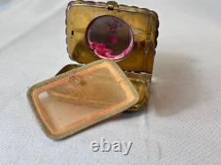 Guilloché Compact Enamel Roses Double Vanity Scalloped Edges Mirrored Powder Box