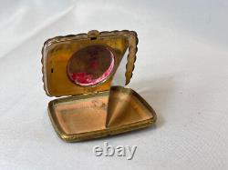Guilloché Compact Enamel Roses Double Vanity Scalloped Edges Mirrored Powder Box