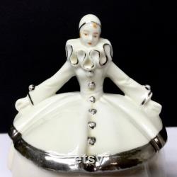 Half Doll Powder Jar Porcelain Dresser Box Lady Pierrot Harlequin Figural Art Deco