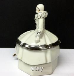 Half Doll Powder Jar Porcelain Dresser Box Lady Pierrot Harlequin Figural Art Deco