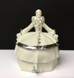 Half Doll Powder Jar Porcelain Dresser Box Lady Pierrot Harlequin Figural Art Deco