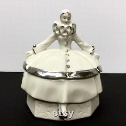 Half Doll Powder Jar Porcelain Dresser Box Lady Pierrot Harlequin Figural Art Deco