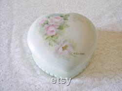 Hand Painted Heart Shaped China Powder Box.Vintage China Powder Heart Box with Pink Roses