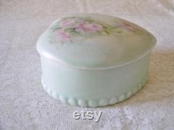 Hand Painted Heart Shaped China Powder Box.Vintage China Powder Heart Box with Pink Roses