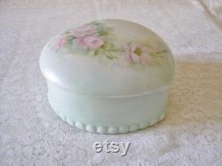 Hand Painted Heart Shaped China Powder Box.Vintage China Powder Heart Box with Pink Roses