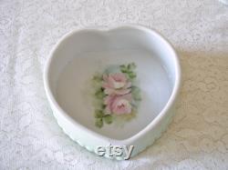 Hand Painted Heart Shaped China Powder Box.Vintage China Powder Heart Box with Pink Roses