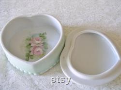 Hand Painted Heart Shaped China Powder Box.Vintage China Powder Heart Box with Pink Roses