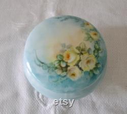 Hand Painted Powder Trinket Box .Vintage China Powder Round Box with Yellow Roses Hand Painted