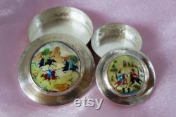 Handpainted Mother Of Pearl Trinket Boxes Polo Players Warriors On Horses Embossed MOP Small Silver Powder Boxes Mirrored Covers Set Of 2