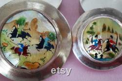 Handpainted Mother Of Pearl Trinket Boxes Polo Players Warriors On Horses Embossed MOP Small Silver Powder Boxes Mirrored Covers Set Of 2