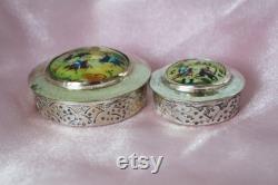 Handpainted Mother Of Pearl Trinket Boxes Polo Players Warriors On Horses Embossed MOP Small Silver Powder Boxes Mirrored Covers Set Of 2