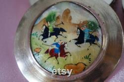 Handpainted Mother Of Pearl Trinket Boxes Polo Players Warriors On Horses Embossed MOP Small Silver Powder Boxes Mirrored Covers Set Of 2