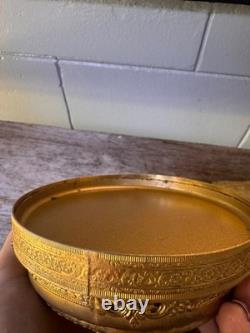 Hollywood Regency Gold Tone Ormolu Style Vanity Powder Box Glass Insert