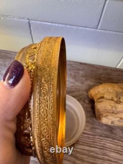 Hollywood Regency Gold Tone Ormolu Style Vanity Powder Box Glass Insert