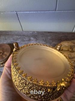 Hollywood Regency Gold Tone Ormolu Style Vanity Powder Box Glass Insert