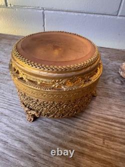 Hollywood Regency Gold Tone Ormolu Style Vanity Powder Box Glass Insert
