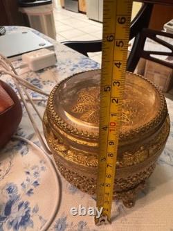 Hollywood Regency Gold Tone Ormolu Style Vanity Powder Box Glass Insert