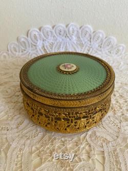 Hollywood Regency Ormolu Guilloche Style Vanity Container with Glass Insert