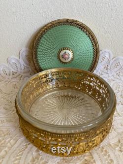 Hollywood Regency Ormolu Guilloche Style Vanity Container with Glass Insert