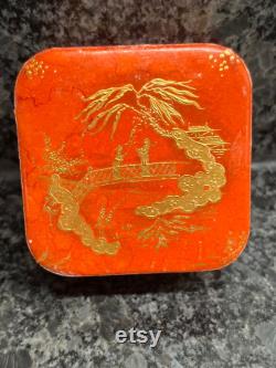 Houbigant Coeur De Jeanette Powder Box Perfume Pale Pink Asian Motif Paris Cosmetics Makeup Collectible