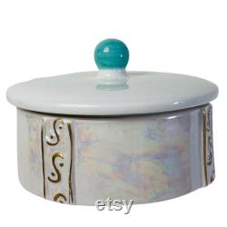 Iridescent Dresser Storage Trinket Box Vanity Decorative Power Dish Speckled Lid Turquoise Knob Ceramic Regency Bathroom Bedroom Decor